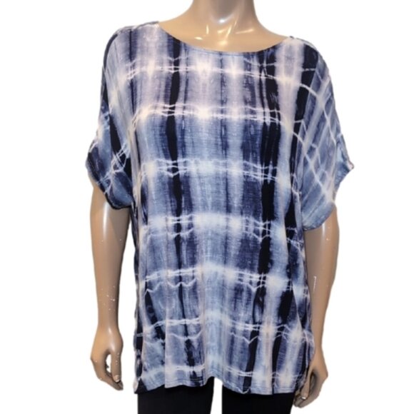 CY Fashion Blue White Tie-Dye Cuffed Sleeve Top Womens Size Large - Picture 1 of 10
